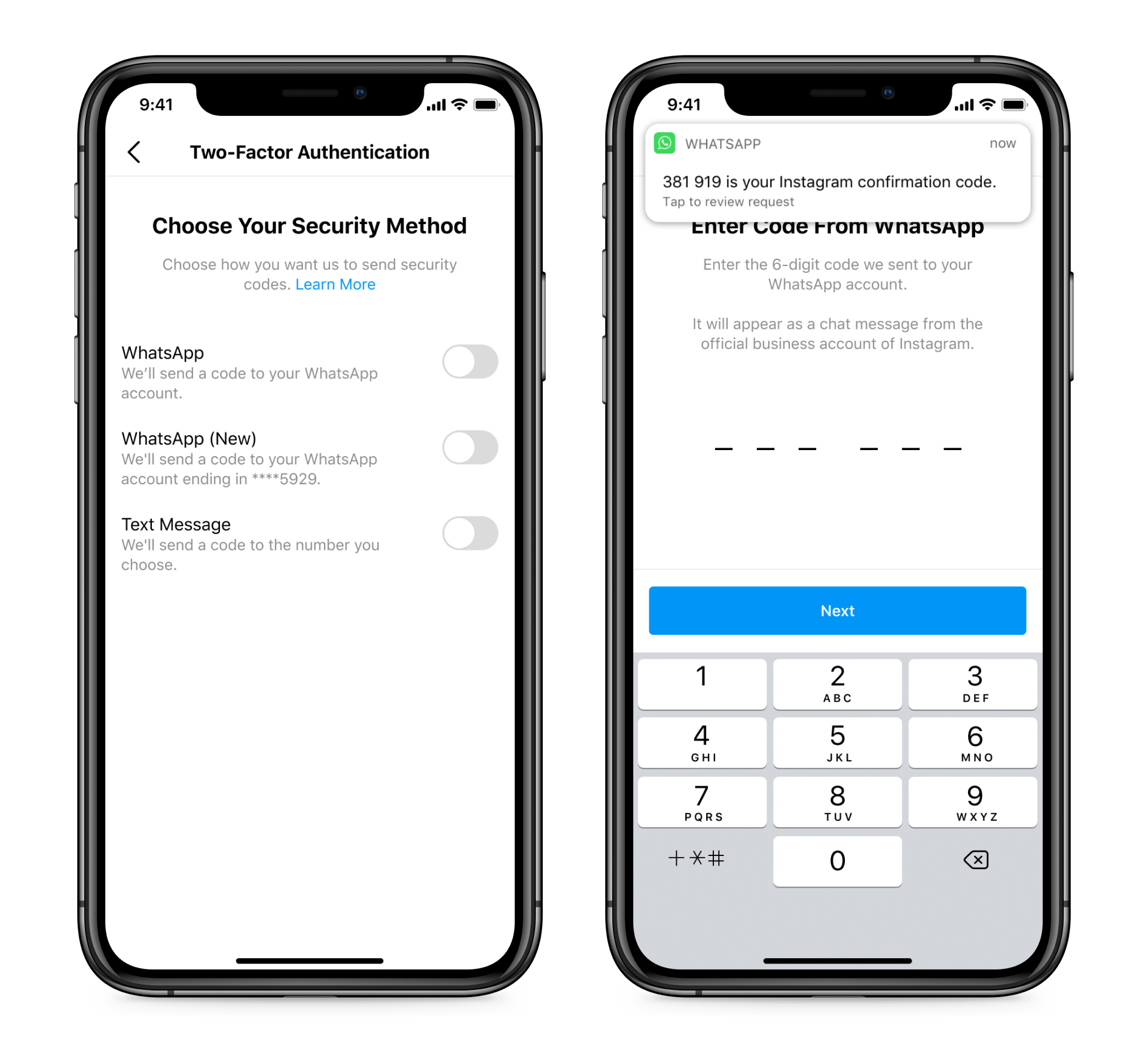 Screenshot of Instagram two-factor authentication through WhatsApp